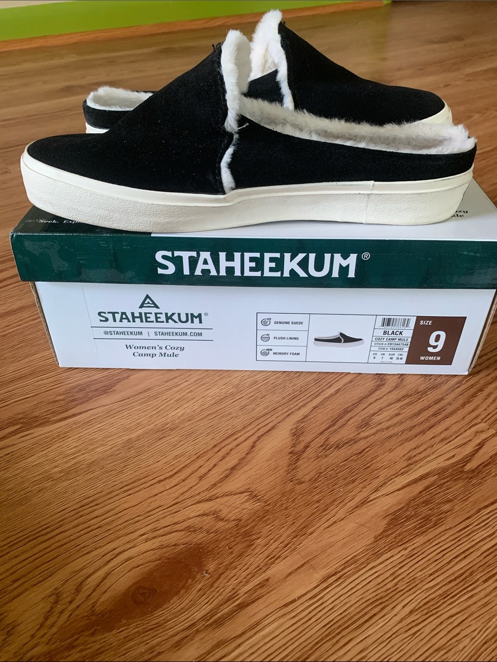Black Genuine Suede Cozy Camp Mule with White Plush Lining